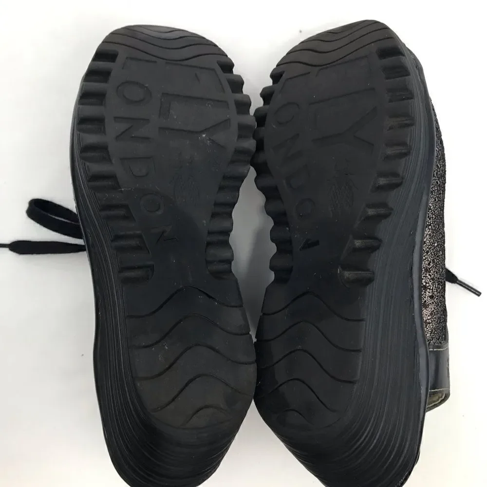 Fly London Black Metallic Perforated Leather Slingback Lace Up Chunky Wedges